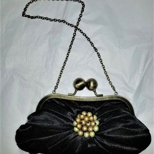 Vintage Black Satin/Faux Pearl Purse